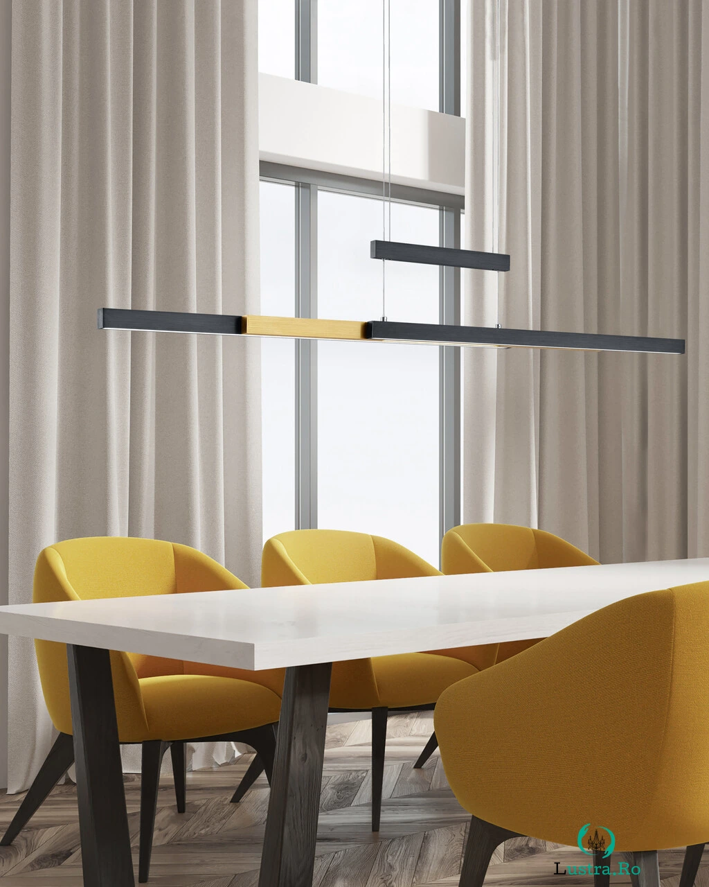 Lustra Trajan, TRIO, 150.5x6x150 cm, 45W, 1x SMD, metal, negru mat/natur la 1,488.00 lei ron